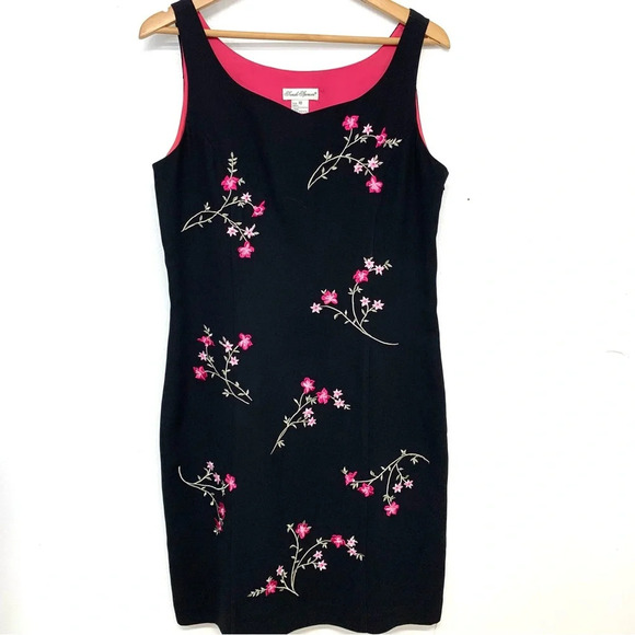 Vintage Sara Spencer Dress 10 Black Pink Embroidery Floral Cocktail Event Career - Picture 1 of 11